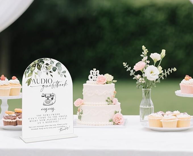 Wedding Signs for Reception, Green Leaves Audio Guestbook Sign, Wedding Reception Signage, Bridal Shower Table Decorations with Base, Supplies for Proposal, Bridal Shower Events and Ceremony, 12