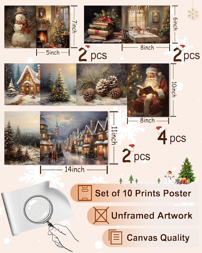 KBKBART Christmas Wall Art Prints Set of 10, Winter Christmas Picture Wall