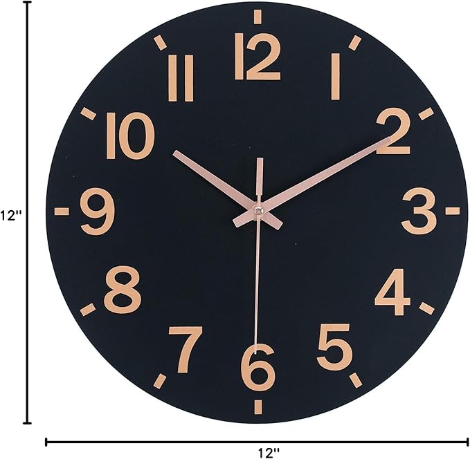 HZDHCLH Wall Clock 12 Inch Silent Non Ticking Wood Battery Operated Black