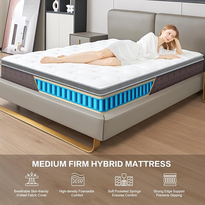 12 Inch Dark Grey Full Spring Mattress,Medium Firm with Gel Memory Foam,Individually Pocketed Coil,Fiberglass-Free Fire Retardant CertiPUR-US Certified,75"*54"*12"