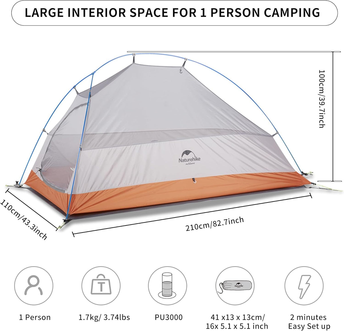 Naturehike Cloud-Up 1 Person Tent, Lightweight Backpacking Tents for One Man, Waterproof Ultralight One Person Tent for Camping Hiking Backpacking