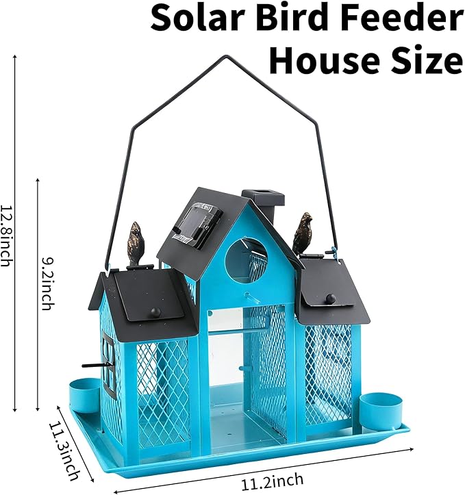 Solar Bird Feeders House for Outside Hanging, Metal Wild Bird Feeder for Outdoors Large Capacity Cardinal Birdfeeder Birdhouses Metal Bird Feeding Station Blue