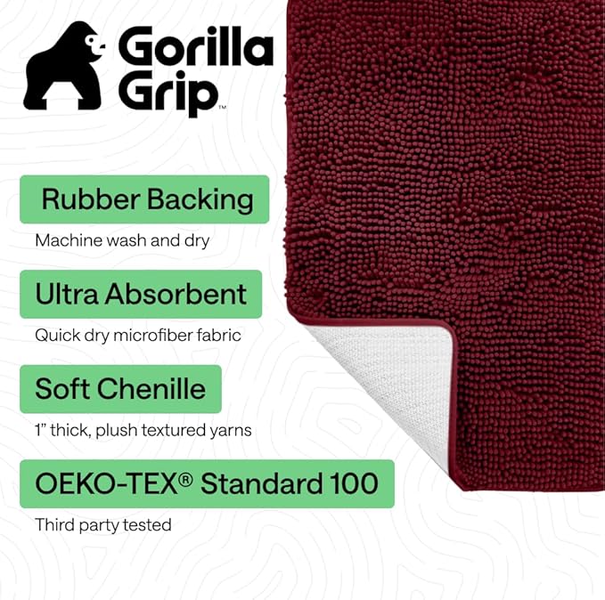 GORILLA GRIP Bath Rug Mat 60x24, Soft Absorbent Chenille, Quick Dry Microfiber Mats, Rubber Backing Washable Shower Floor Rugs, Bathmat Runner, US Designed Bathroom Home Decor Accessories Burgundy