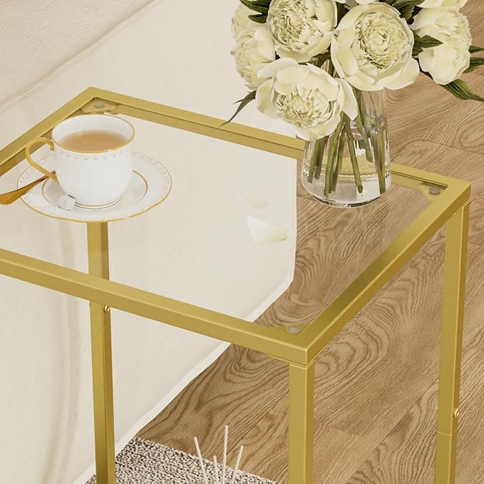 Side Tables Set of 2, End Tables with Tempered Glass, 2-Tier Nightstands with Storage Shelves, Coffee Table with Modern Style, Slim Sofa Table for Living Room, Bedroom, 11.8" D x 15" W, Gold