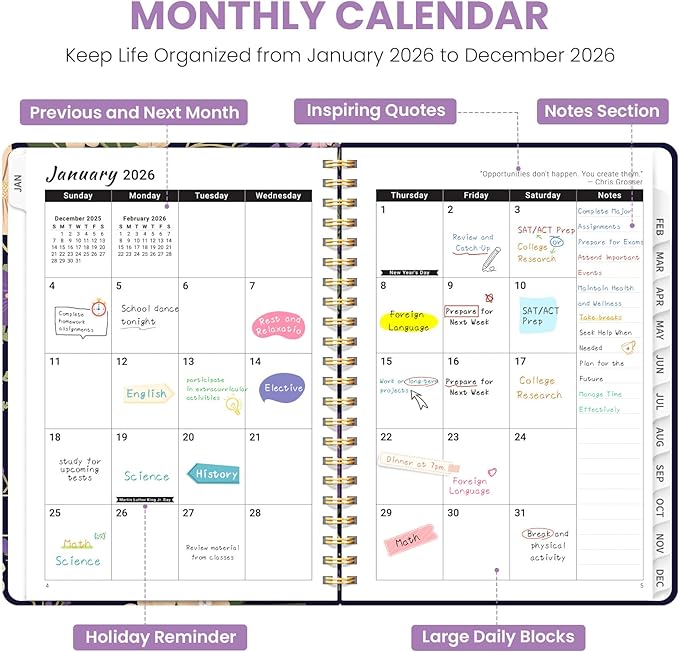 2026 Planner, Weekly and Monthly Planner for Women, Jan 2026 - Dec 2026 Pretty 2026 Calendar Planner with Monthly Tabs, Inner Pocket, Spiral Binding, Perfect for Office Home School - 6.3" x 8.5", Violet