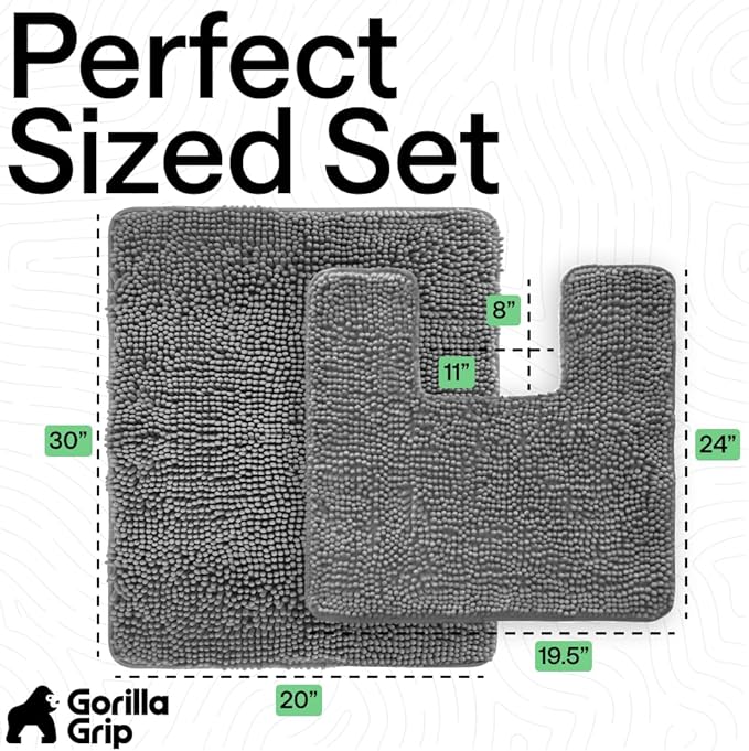 GORILLA GRIP Bathroom Rug Sets, Soft Chenille 2 Piece Area Rugs Set, Toilet Base Mat and 30x20 Carpet, Absorbent Microfiber Washable Mats Dry Quickly, Home Décor and Bath Room Accessories, Grey