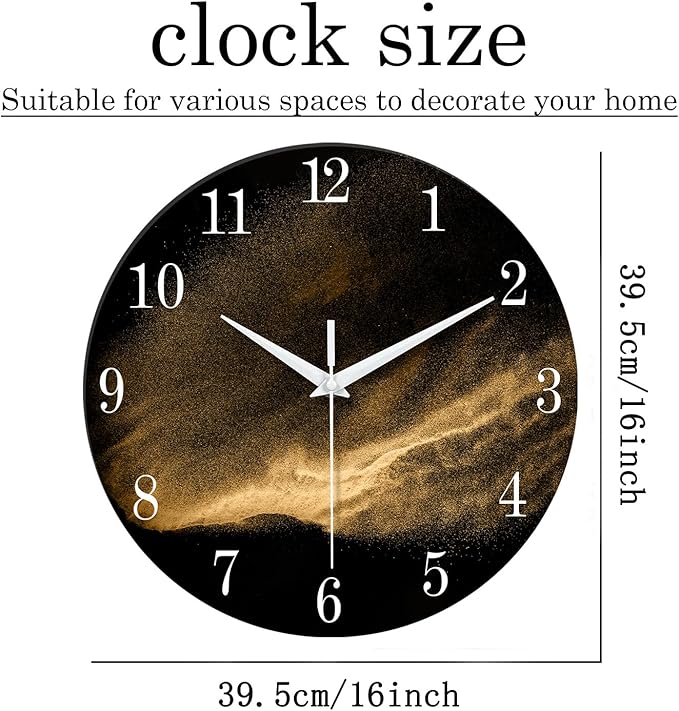 Black and Glod Wall Clocks for Living Room Decor Glass Wall Clock Battery