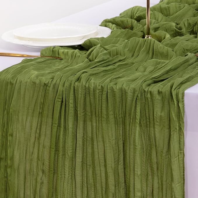 Socomi 10pcs Moss Green Fall Thanksgiving Cheesecloth Table Runner Boho Rustic Gauze 120 inch 10FT Cheese Cloth Runner for Wedding Party Baby Shower Birthday Home Decor Holiday Decorations