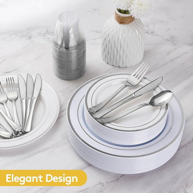 Goodluck 300-Piece Disposable Dinnerware Set for 50 Guests - Silver Plastic Plates, Salad Plates, Cutlery & Cups for Parties & Weddings