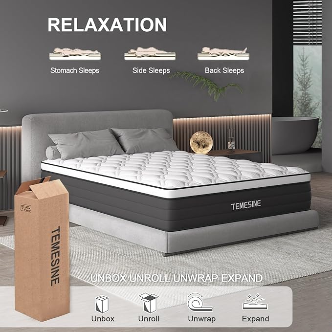 Queen Mattress, 14 Inch Hybrid Mattress in a Box with Individual Pocket Spring, Gel Memory Foam and Euro Top, Medium Firm Feel with Motion Isolation, Pressure Relief, Edge Support,Queen Size Black