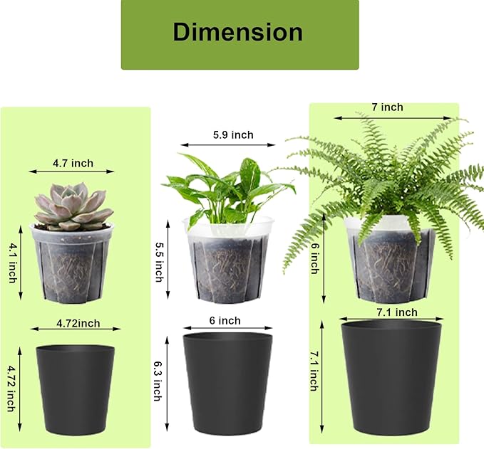 4 Pack of 7in and 5in Double-Layer Self-Watering Pot with Clear nusery Pot - Indoor Planter with Drainage for Root Visibility,semi Hydro pots for repotting Orchids,Aroid or Monstera,Black
