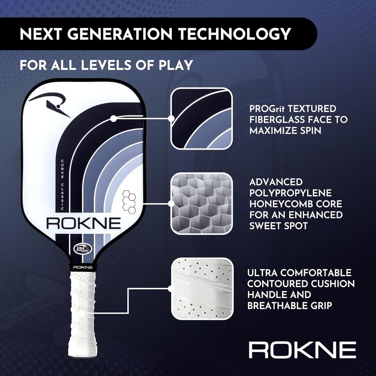 ROKNE Curve Classic Pickleball Paddle - USAPA Approved Fiberglass Design | Precision Engineering & Comfort | ProGrit Texture for Maximum Spin & Power