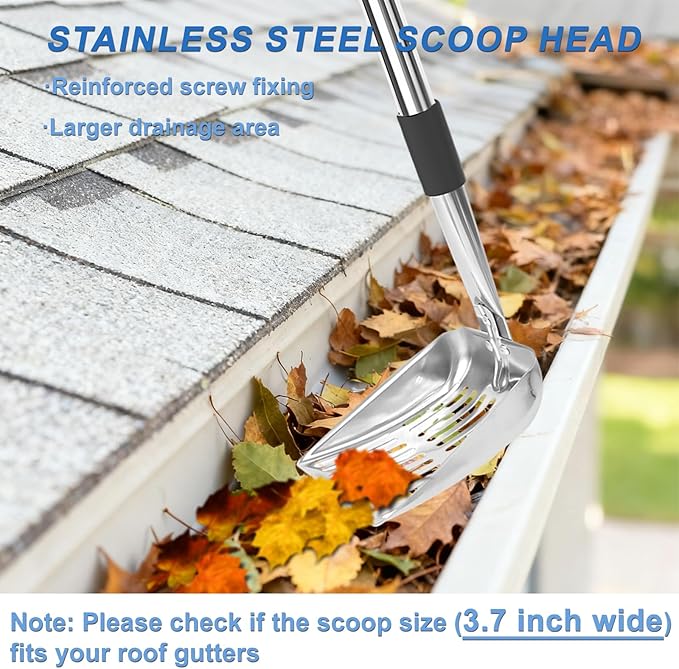 11.8FT Gutter Cleaning Tools from the Ground, Adjustable Length Gutter Cleaning Pole with Gutter Scoop, Gutter Brush, Gutter Rake, Efficient Gutter Cleaner for Leaves, Twigs & Debris