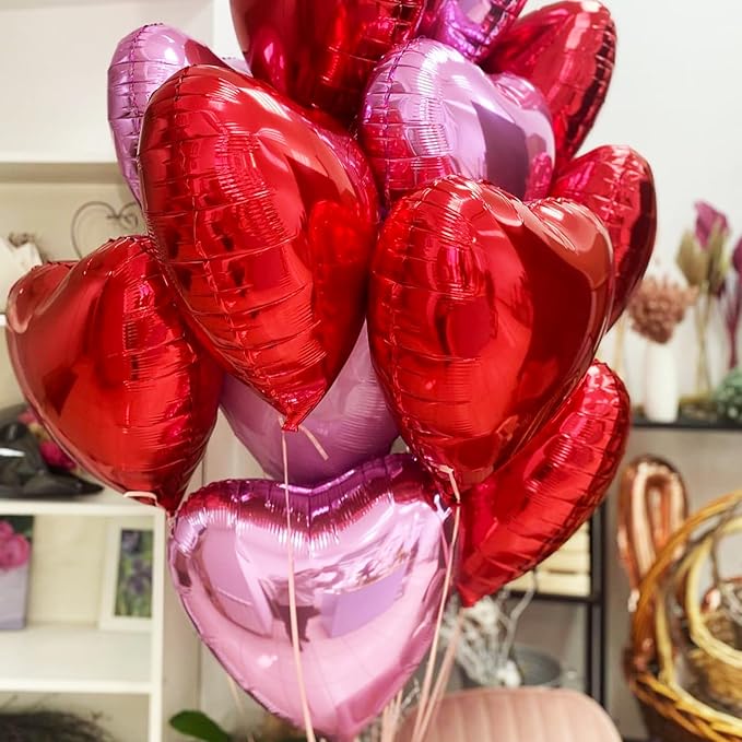 Hot Pink Foil Heart Balloons, 12 Pcs 18 Inch Mylar Heart Shaped Pink & Red Party Decoration for Birthdays, Weddings, Anniversaries, Valentine's Day