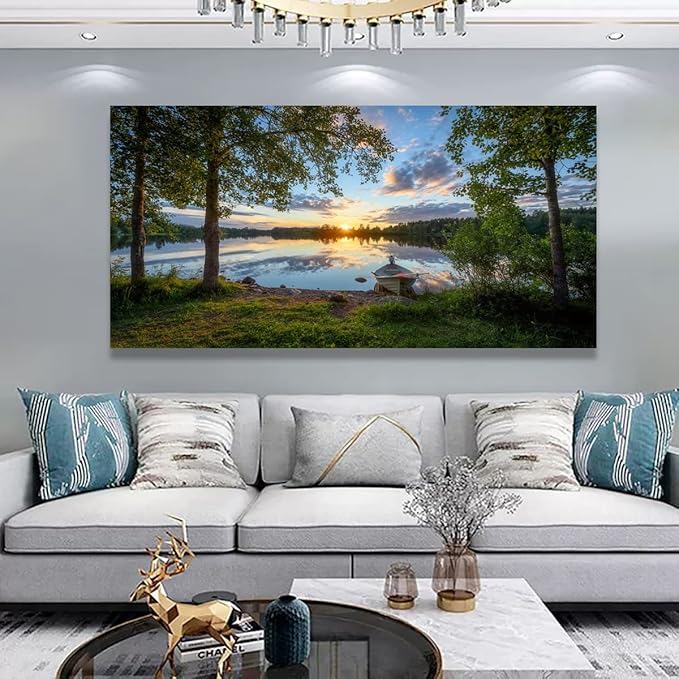 Tree Canvas Wall Art of a Sunrise Over a Forest Lake 28x57 inches Nature Inspired Painting Perfect for Wall Decoration in Living Room and Bedroom Trees and Landscape Picture Artwork Prints