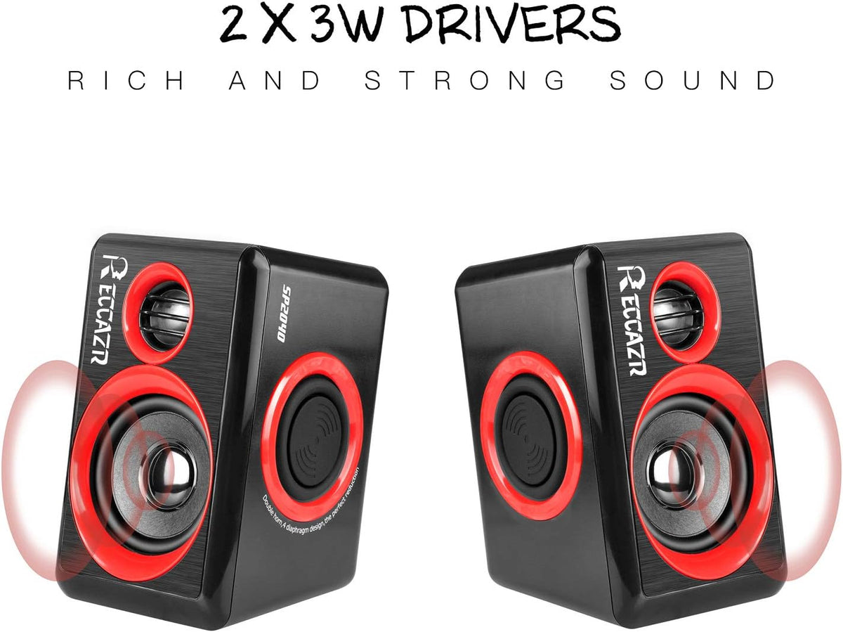 Reccazr SP2040 Computer Speakers - 2.0 CH USB Wired with Deep Bass for Desktop & Laptops | Red
