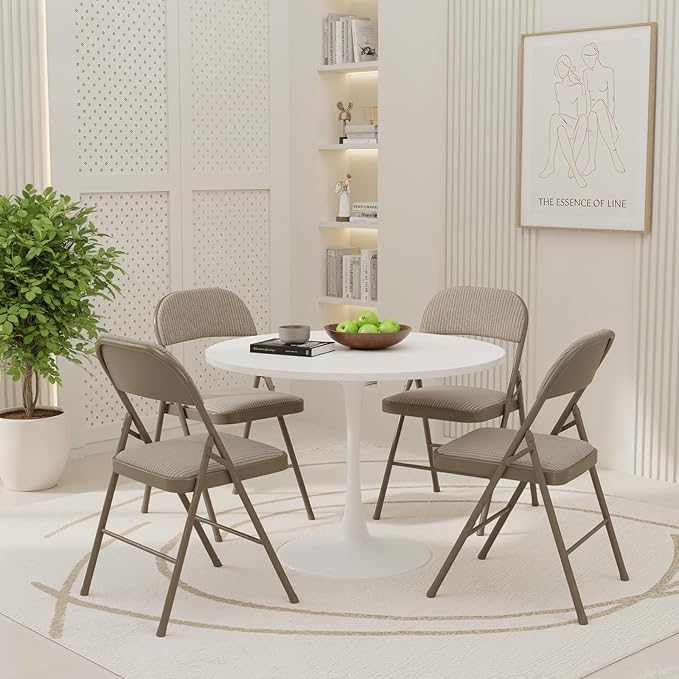 DUMOS 8 Pack Folding Chairs with Padded Cushion and Back - Fabric Stackable Portable Dining Chairs Set, for Home and Office, Conference, Wedding, Party, Patio, Garden, for Indoor Outdoor, Khaki