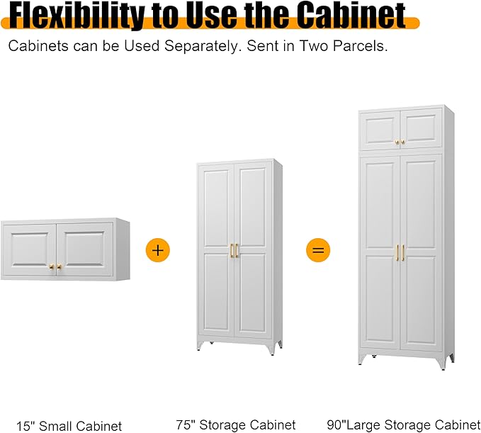 Kitchen Pantry Storage Cabinets, 90" Tall Metal Storage Cabinet with Doors and 4 Shelves, White Pantry Cabinet, Utility Kitchen Cupboard, Large Steel Cabinets for Dining Room, Office, Living Room