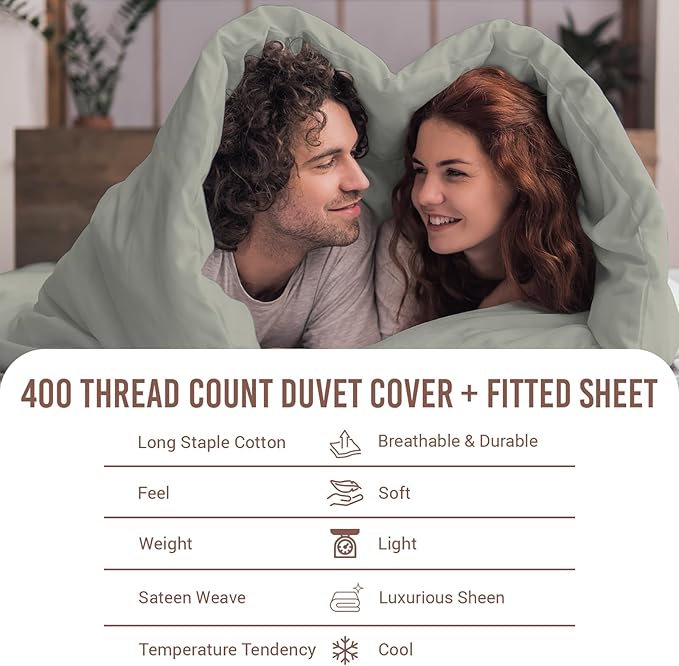 Pizuna 100% Cotton King 3 Pc Duvet Cover + 1 Pc Fitted Sheet Set 400 Thread Count Silver Sateen Weave Luxurious Long Staple Cotton 4 Piece Bedding Set - 1 Duvet Cover, 2 Pillow Shams, 1 Fitted Sheet