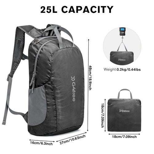 G4Free 25L Lightweight Hiking Backpack Packable Foldable Sport Travel Daypack Water Resistant for Women Men（Black）