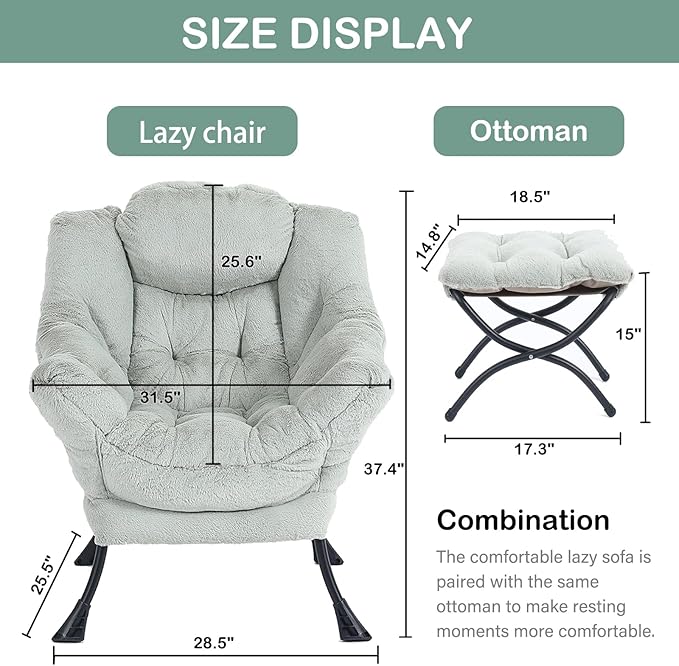 LITA Lazy Chair with Ottoman, Modern Accent Leisure Upholstered Sofa, Contemporary Lounge Reading Chair with Armrests and a Side Pocket for Living Room, Bedroom & Small Space
