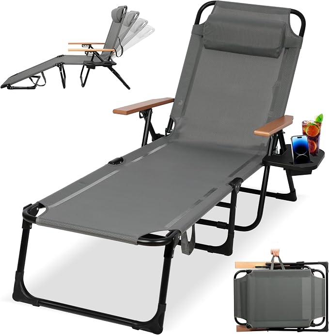 Beach Lounge Chair, Folding Outdoor Chaise Lounge Chair with Arms, 4-Position Backrest, Extended Sun Tanning Chair Pillow & Cup Holder, Patio Lounger for Outside for Beach Pool Patio Yard (Gray)