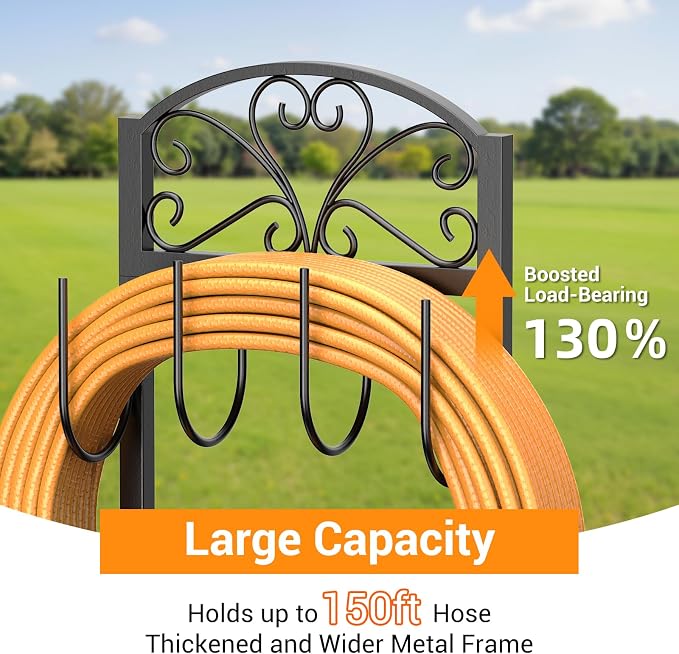 Garden Hose Holder for Outside - Freestanding Metal Water Hose Holder Stand Holds 151ft, Heavy Duty Garden Hose Storage Hanger Rack for Outdoor Yard Patio