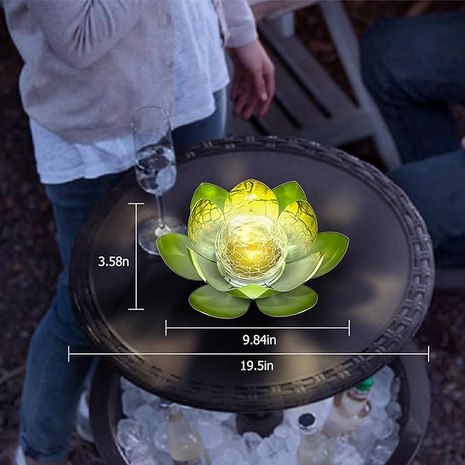 Huaxu Solar Lights Outdoor Garden Decoration Crackle Globe Glass Waterproof LED Metal Green Lotus Flowers Gift for Mom,Women,Patio,Lawn,Walkway,Tabletop,Ground