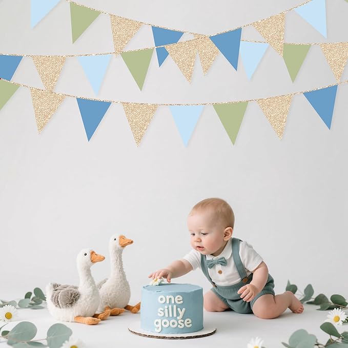 Champagne Gold Dusty Blue Sage Green Pennant Banner Flag Olive Green Blue Hanging Glitter Paper Triangle Bunting for Birthday Baby Shower Wedding One Silly Goose Themed Party Decorations Supplies