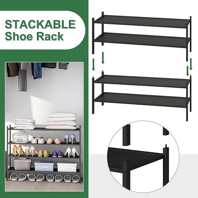 Black 2-Tier Long Stackable Bamboo Wood Shoe Rack for Closet, Entryway & Hallway
