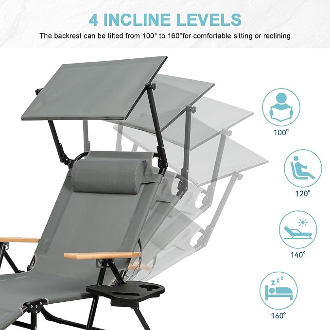 Outdoor Chaise Lounge Chair with 4-Position Adjustable Backrest,Patio Folding Sun Tanning Chair,Pillow & Cup Holder,Portable Recliner Sunbathing Lounger Chairs for Beach Garden (Grey with Shade)