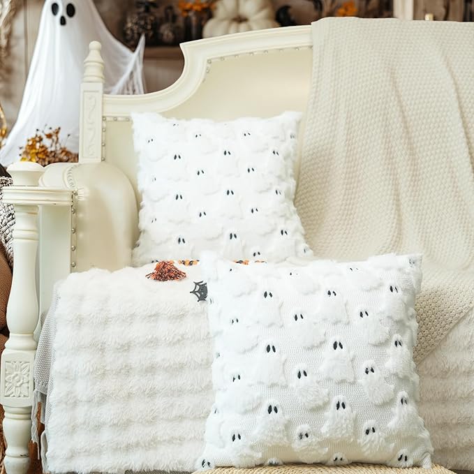 GEEORY Halloween Ghost Soft Plush Pillow Covers, 18 x 18 Inch Set of 2, Fluffy Faux Fur Wool Decorative Farmhouse Cushion Case for Sofa Home Decoration White GC026-18