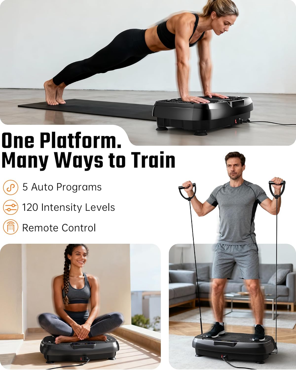 Renoj Vibration Plate Exercise Machine - Full Body Workout Vibrating Platform with LED Display, Speaker & 2 Bands | Black
