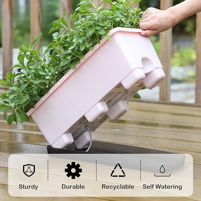 Oliz Window Box Planter 8 Pcs, 17 Inches Rectangle Flower Pots with Drainage Holes & Trays, Vegetable Planters for Windowsill Patio Garden Balcony Home Indoor Outdoor (Pink, 16 * 7 * 6 inch)