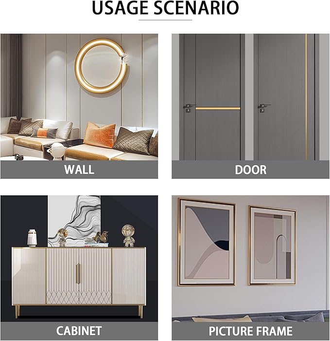 Glossy Gold Peel and Stick PVC Molding Trim, Flexible DIY Wall Accent Strip for Mirror Frame, Cabinet, Edges & Borders and Tiles (197''L x 1.6''W)