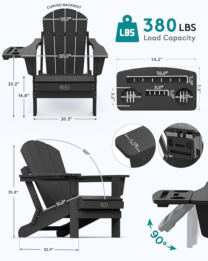 SERWALL Foldable Adirondack Chair Set of 2, Adirondack Chairs with 4 in 1 Multi-Functional Cup Holder, Weather Resistant Plastic Chair for Patio Garden Outdoors Fire Pit-Blue