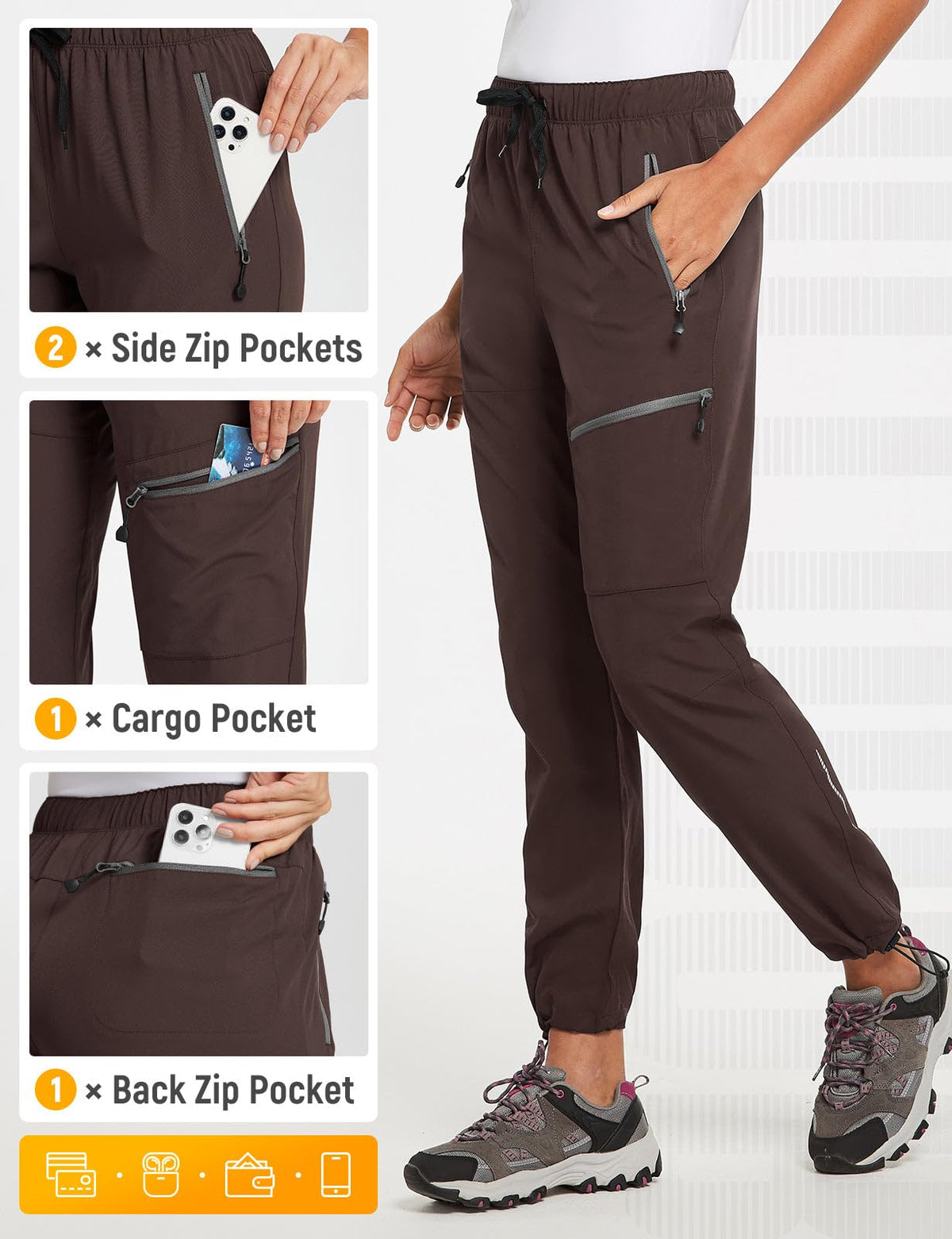 baleaf Travel Pants Women Hiking Long Tall Lightweight Quick Dry Water Resistant Cargo Pants 31'' Trip 31''-Trip Brown XS