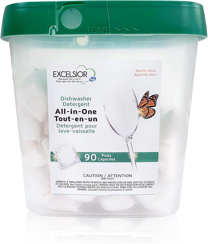 Excelsior HE All-In-One Dishwasher Detergent Pods includes 90 Dishwasher pods with built-in rinse aid for an amazing shine & leaving a gentle citrus scent
