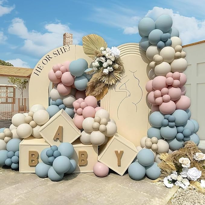 Gender Reveal Balloon Arch Kit 139Pcs Dusty Pink and Fog Blue Balloons White Sand Balloons for Boho Wedding Bride Anniversary Birthday Baby Shower Bridal Bear Theme Decorations