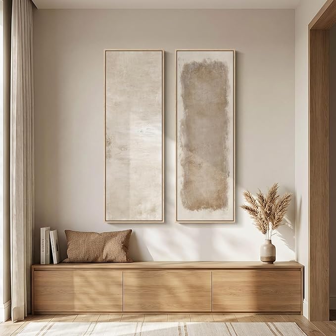 Long Narrow Framed Neutral Abstract Vertical Wall Art, 2 Piece Modern Canvas