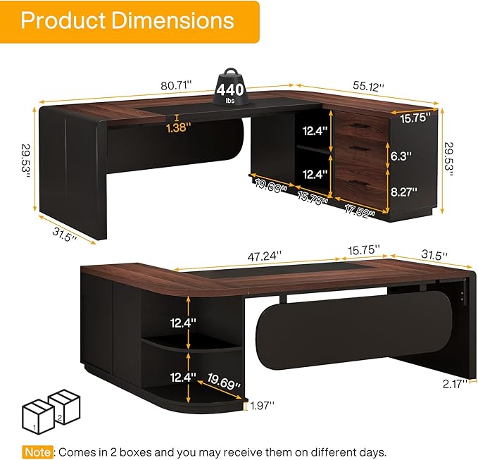 Tribesigns 80'' L-Shaped Desk Set of 4, Large Executive Office Desk with 55'' Drawers Cabinet, Modern Computer Table with Storage Shelves, Business Furniture for Office, Walnut & Black