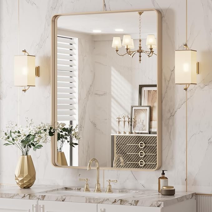 LOAAO 20”X30” Gold Bathroom Mirror, Rounded Rectangle Gold Frame Mirror