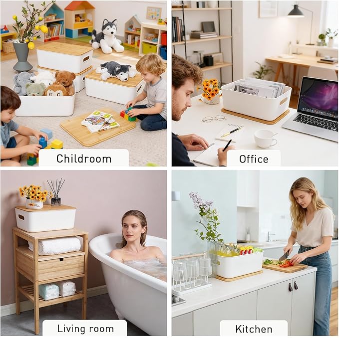 Citylife Storage Bins with Bamboo Lids 13QT Plastic Storage Containers Stackable Organizer Boxes with Handle for Desk Snacks, Toys, 4 PCS, 14" L x 10.6" W x 6.18" H