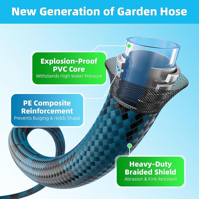 Garden Hose, Non-Expandable Water Hose 25 ft, Flexible, Kink & Leak Proof Water Pipe with 10-Function Spray Nozzle, Lightweight Outdoor Hose for Yard, Lawn, Car Wash, RV and Home Use