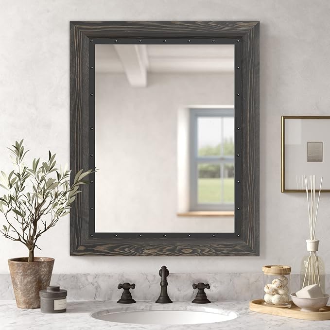 YOSHOOT Rustic Wooden Framed Wall Mirror, 40x30 Inch, Natural Wood and Iron