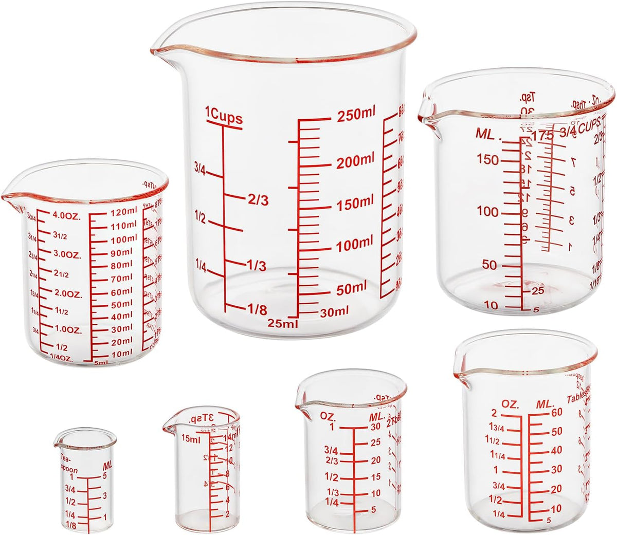 Ackers 7-Piece Glass Measuring Cup Set, Borosilicate Beaker Style Nesting Liquid Measuring Cups