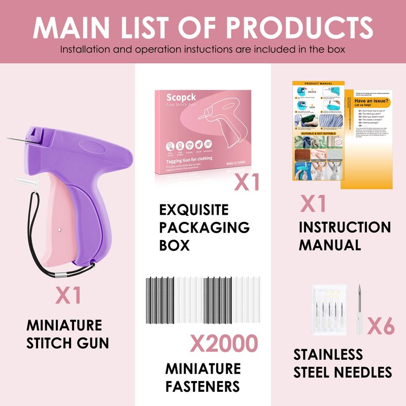 Stitch Gun for Clothes - Handheld Stitch Gun Quick Clothing Fixer - Tagging Gun - Includes 6 Needle, 1000 Black Fasteners & 1000 White Fasteners
