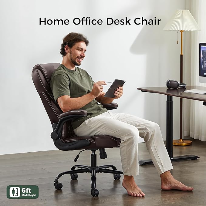 Office Chair, Executive PU Leather Chair, Ergonomic Computer Desk Chair with Lumbar Support and Adjustable Flip-Up Arms, Rocking Task Chair (Brow
