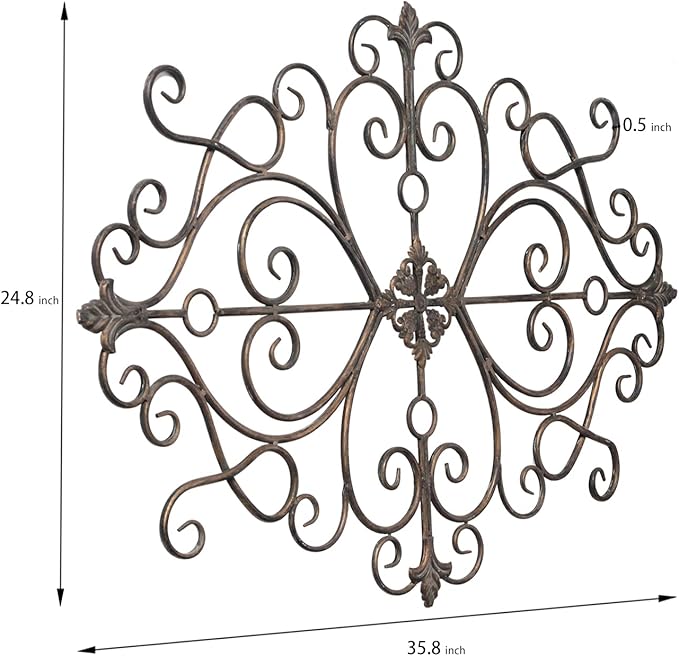 Sintosin Vintage Scroll Wrought Iron Wall Decor 36" x 24", Hanging Distressed Finish Traditional Large Metal Art Wall Decor for Living Room Bedroom Fireplace, Antique Outdoor Metal Home Decor