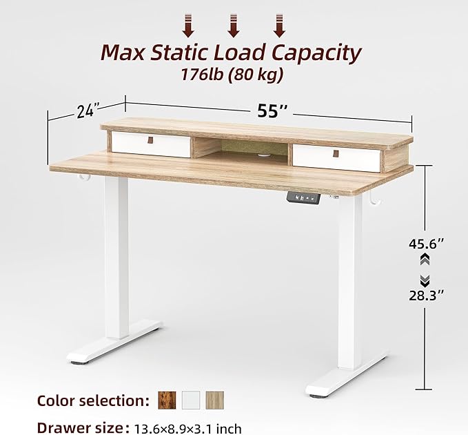 TIQLAB Standing Desk with Two Drawers, Stand Up Standing Desk Adjustable Height, Electric Sit Stand Table with Storage Shelf and Splice Board, 55 * 24 inch, Maple